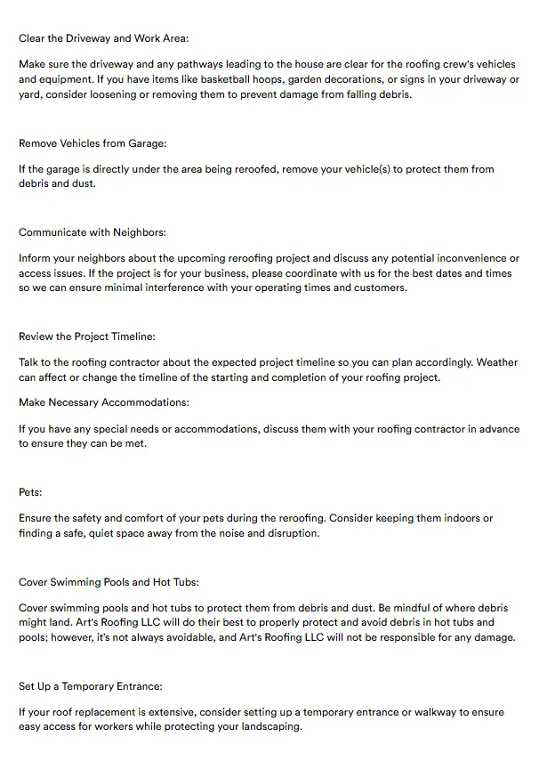 Customer checklist for roofing