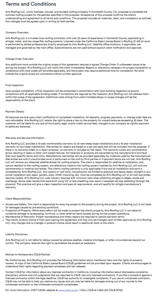 Arts Roofing - Terms of service